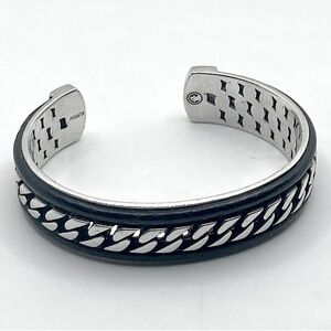 Effy Sterling Curb Link Open Cuff Leather Trim Cuff Bracelet 6” + 1” Gap / 40g